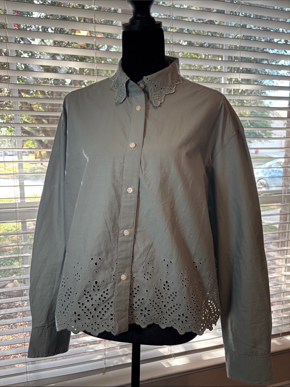 GAP Light Sage Green Eyelet Hem Button-Down Shirt